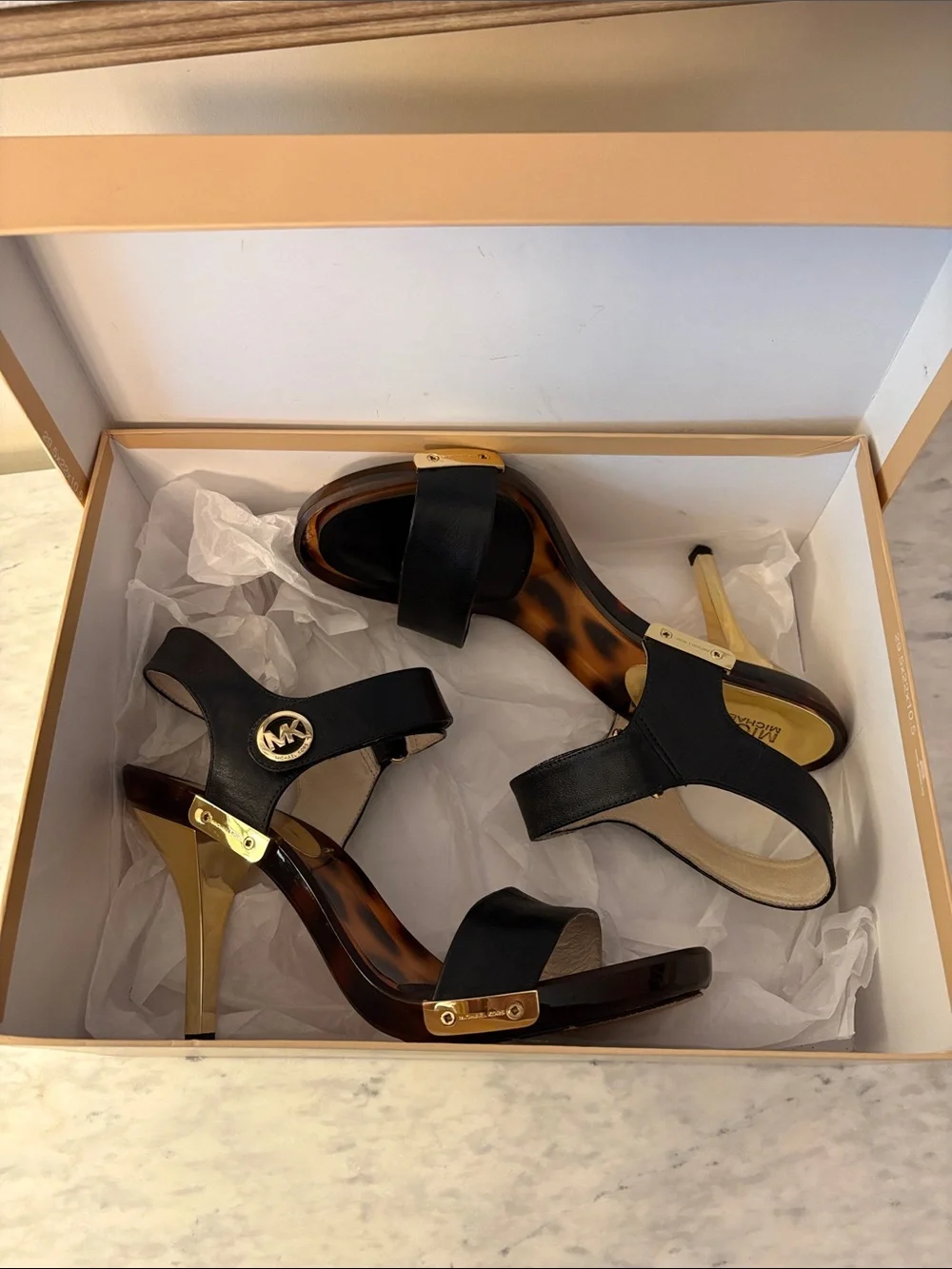 Michael Kors Black Leather Lani Sandals with Gold Accents size 9